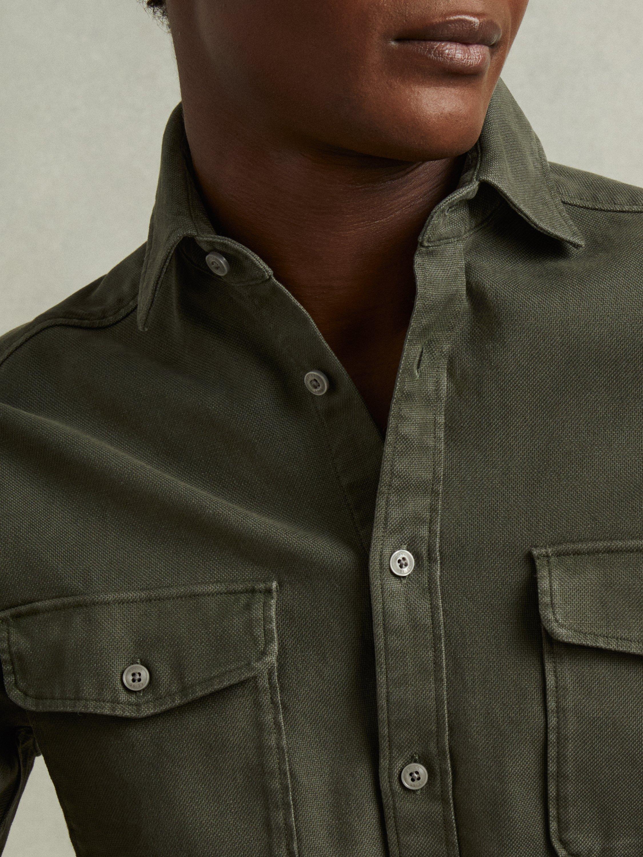 Product image 5 of 5, which shows Reiss Caparzo Stretch Cotton Blend Canvas Overshirt, Khaki Green, XS