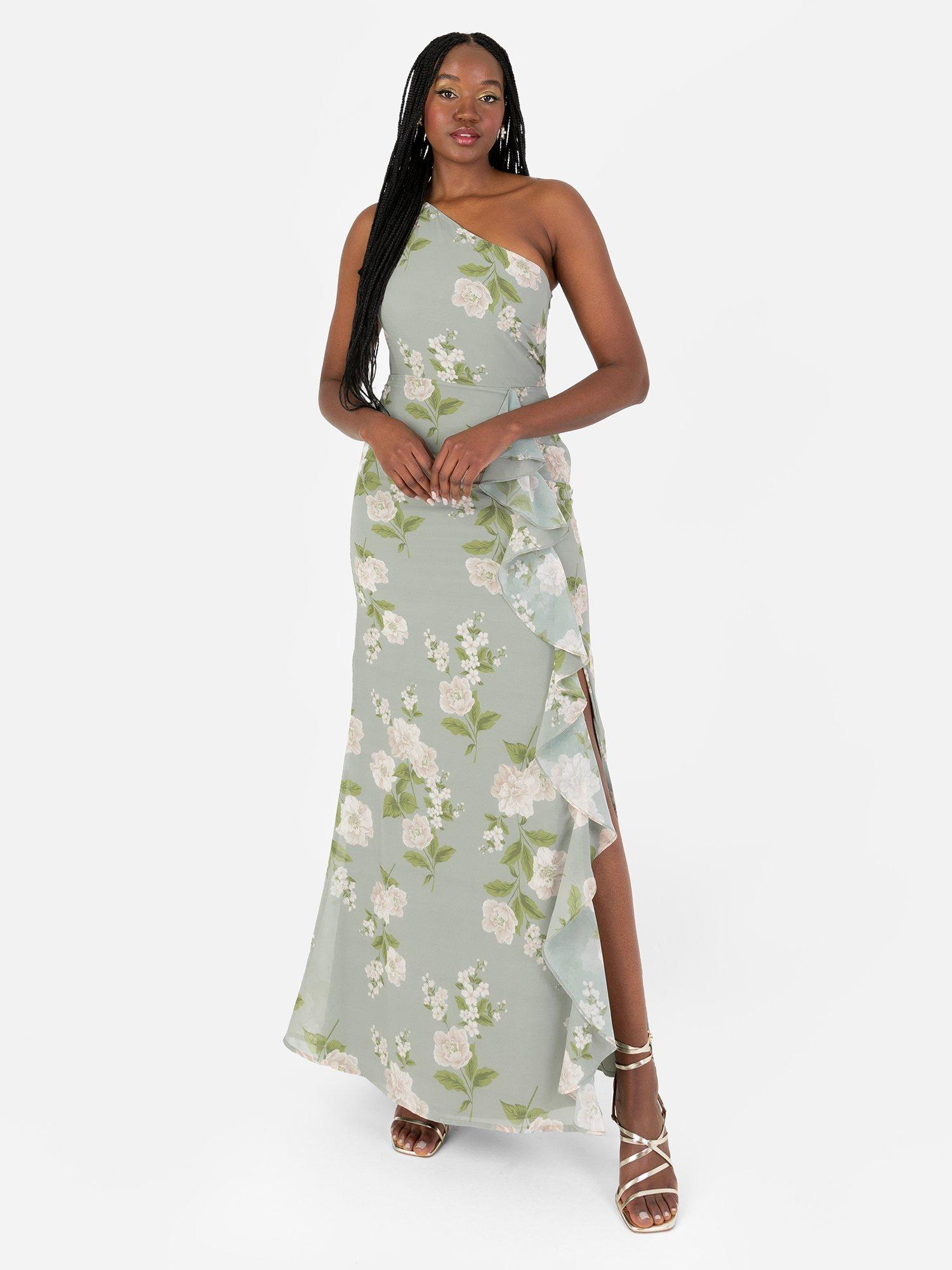 Product image 1 of 4, which shows Anaya With Love Waterfall Asymmetric Maxi Dress, Sage Floral Print, 6