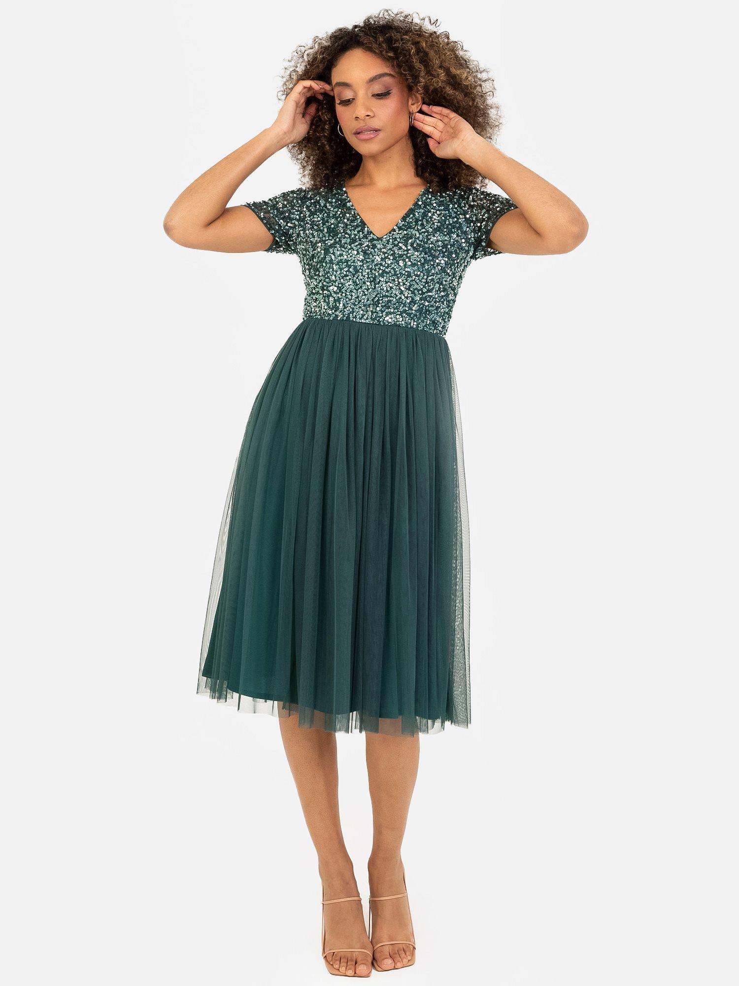Product image 1 of 4, which shows Maya Deluxe V-Nec Embellished Sequin Midi Dress, Emerald, 6
