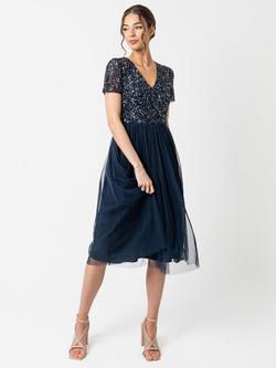 Maya Deluxe V-Nec Embellished Sequin Midi Dress, Navy