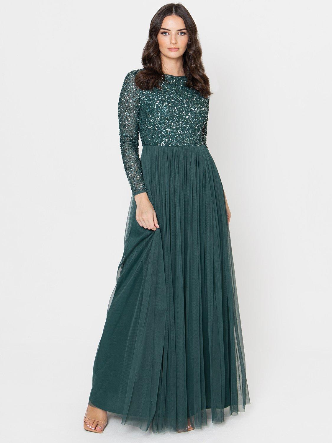 Product image 1 of 4, which shows Maya Deluxe Embellished Sequin Maxi Dress, Emerald, 6