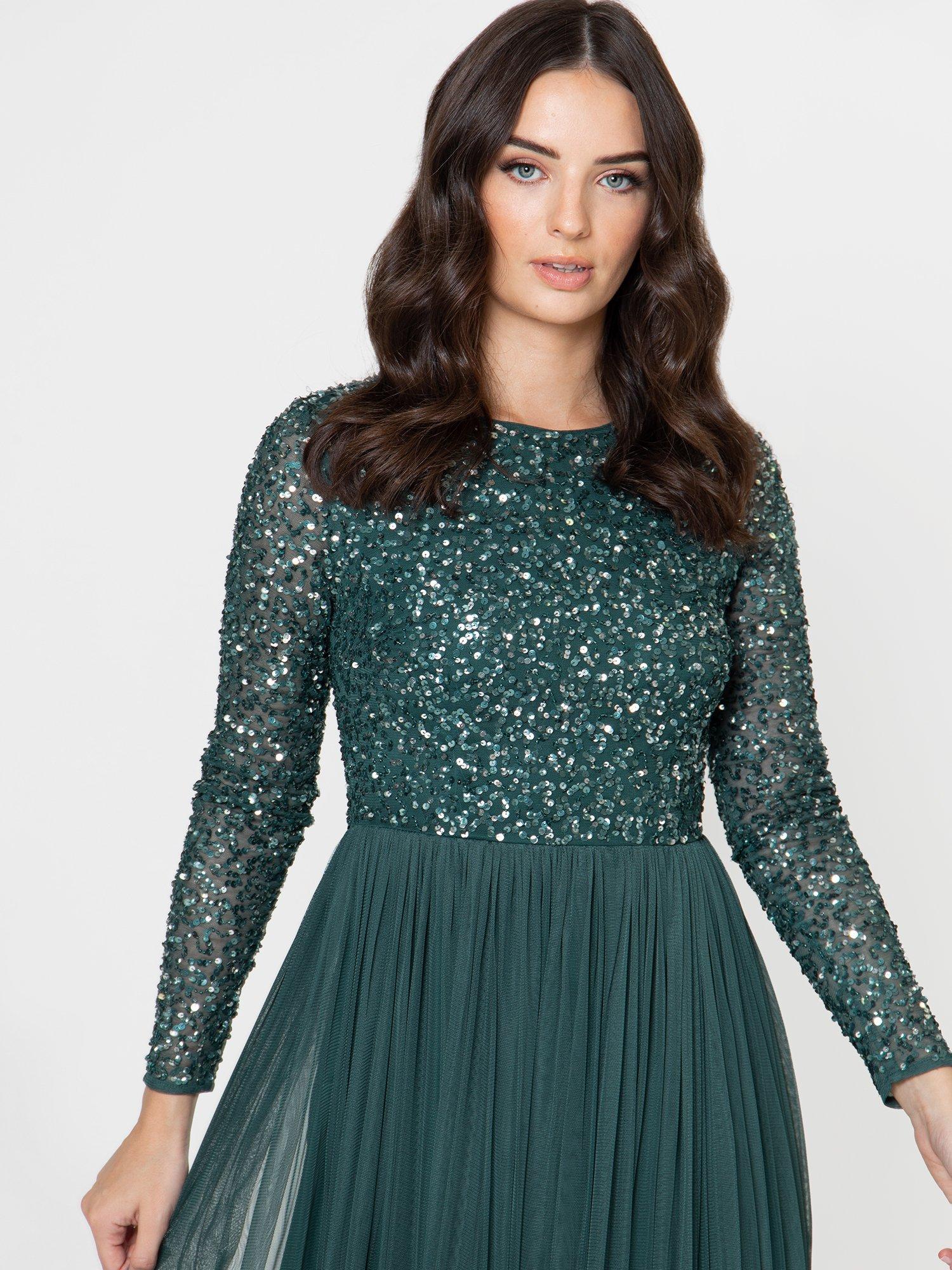 Product image 2 of 4, which shows Maya Deluxe Embellished Sequin Maxi Dress, Emerald, 6