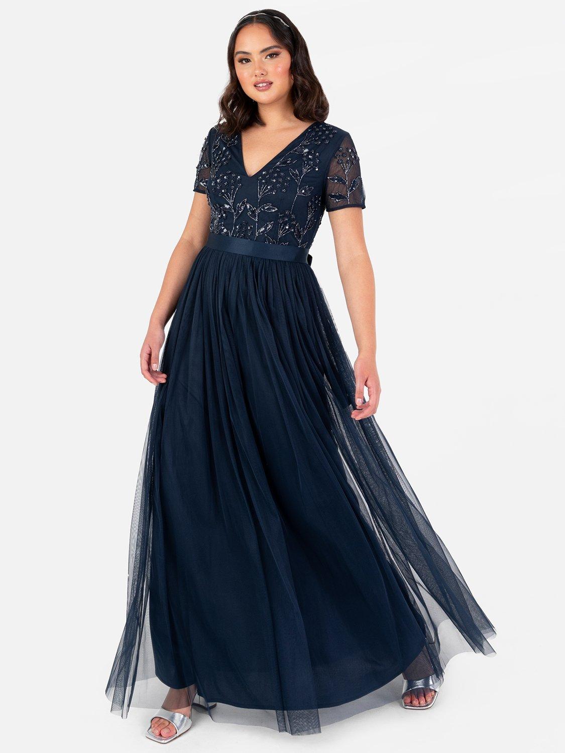 Product image 1 of 4, which shows Maya Deluxe Floral Embellished Maxi Dress, Navy, 6