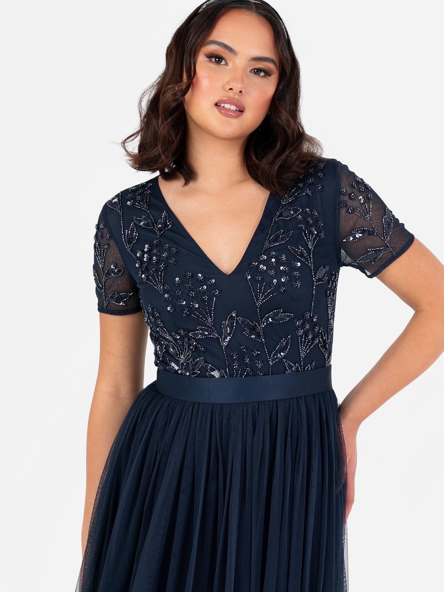 Product image 3 of 4, which shows Maya Deluxe Floral Embellished Maxi Dress, Navy, 6