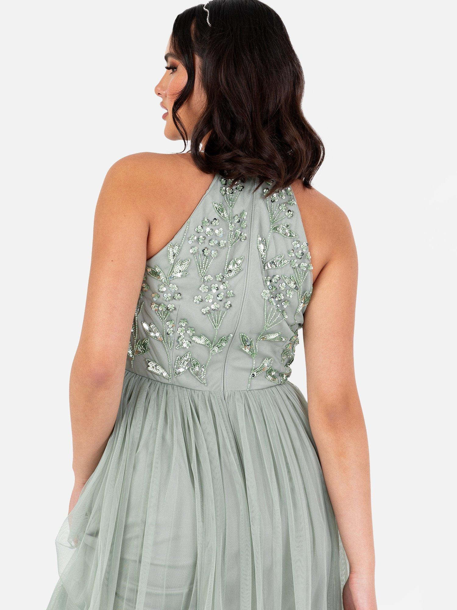 Product image 2 of 4, which shows Maya Deluxe Floral Embellished Halterneck Dress, Green Lily, 6