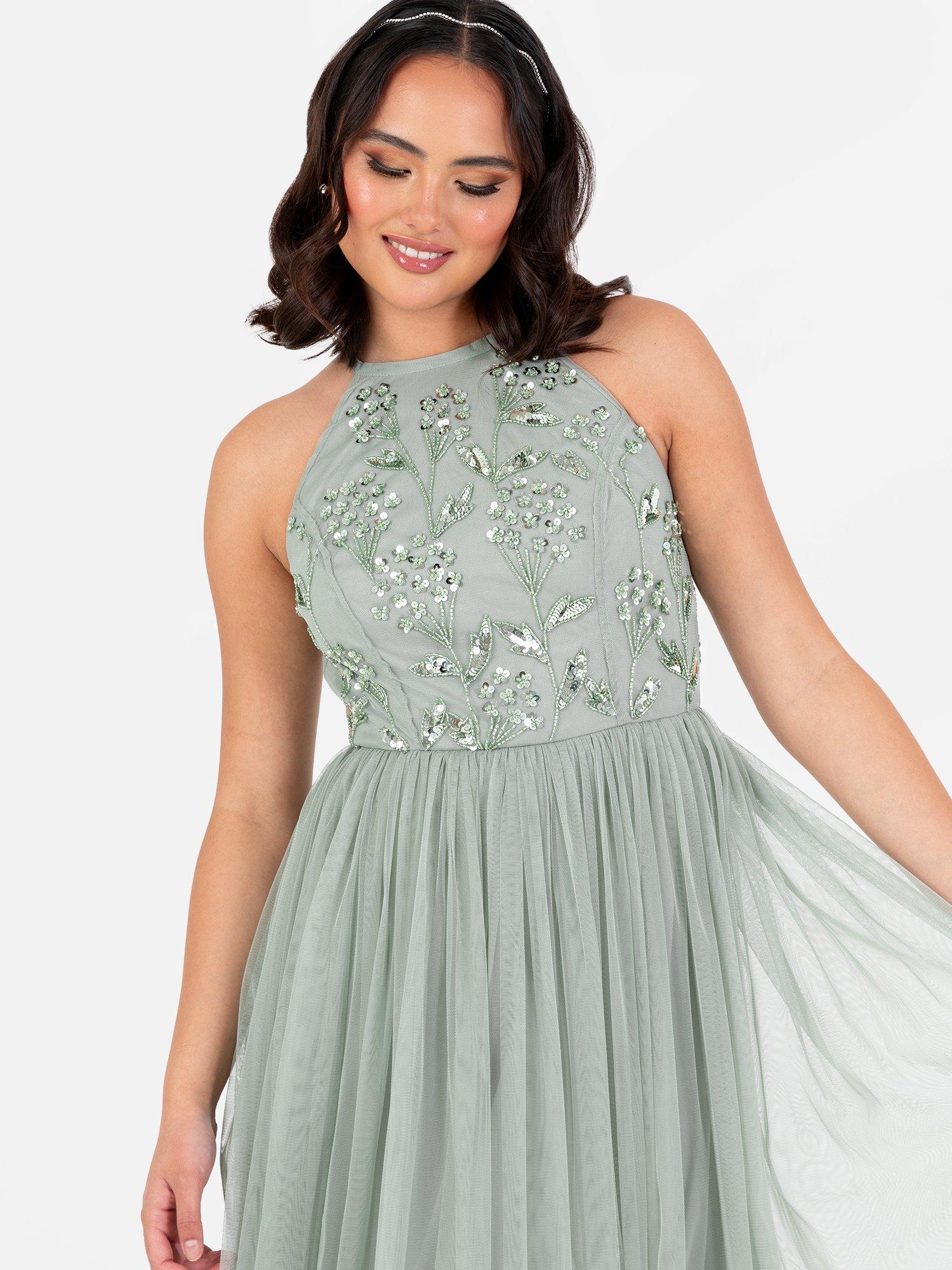Product image 3 of 4, which shows Maya Deluxe Floral Embellished Halterneck Dress, Green Lily, 6