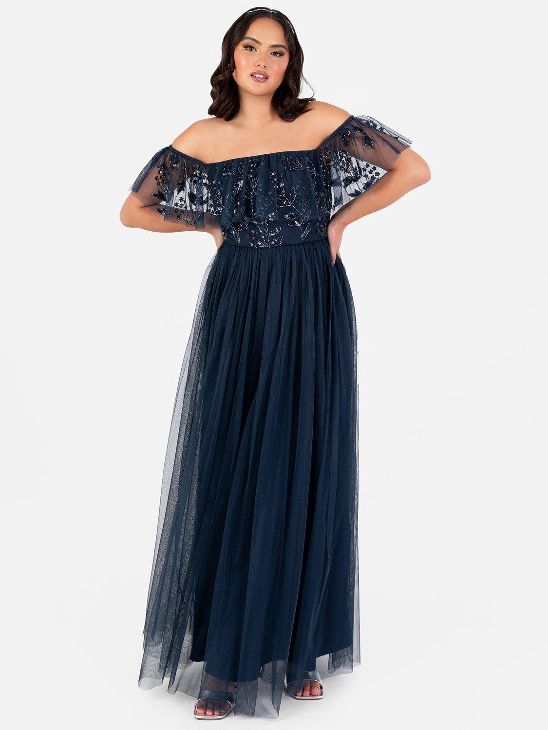 Product image 1 of 4, which shows Maya Deluxe Floral Embellished Bardot Maxi Dress, Navy, 6