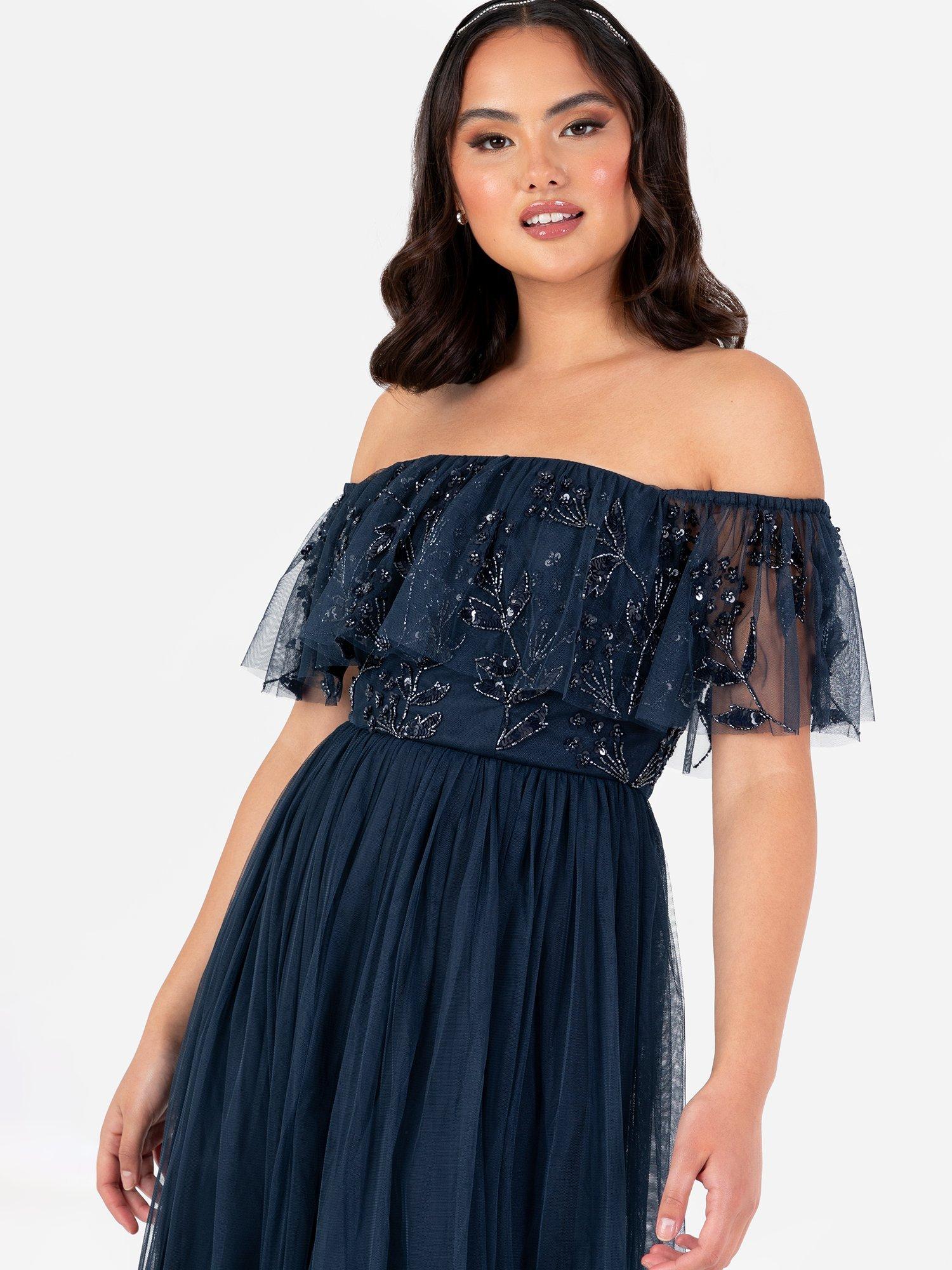 Product image 2 of 4, which shows Maya Deluxe Floral Embellished Bardot Maxi Dress, Navy, 6