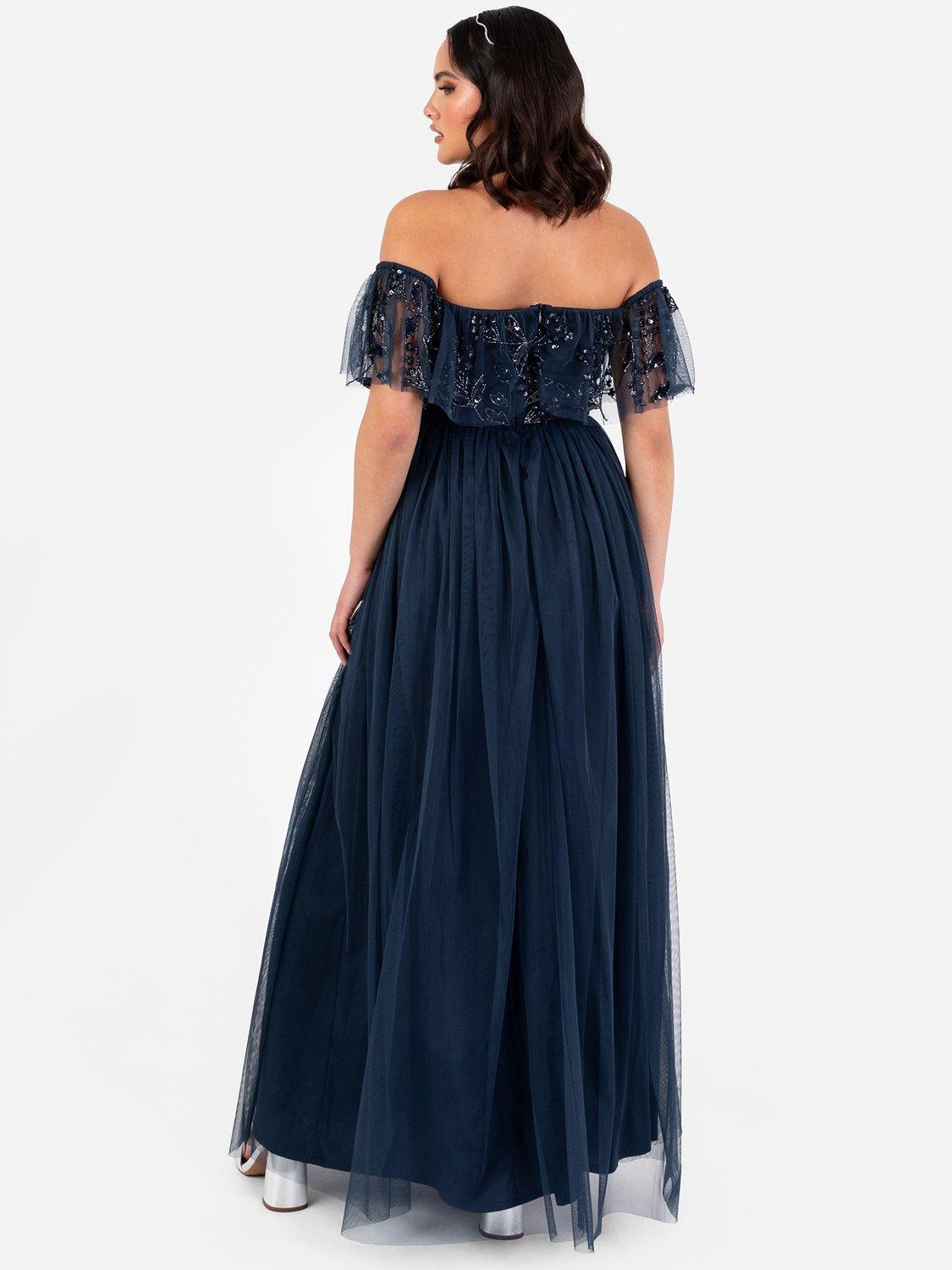 Product image 3 of 4, which shows Maya Deluxe Floral Embellished Bardot Maxi Dress, Navy, 6