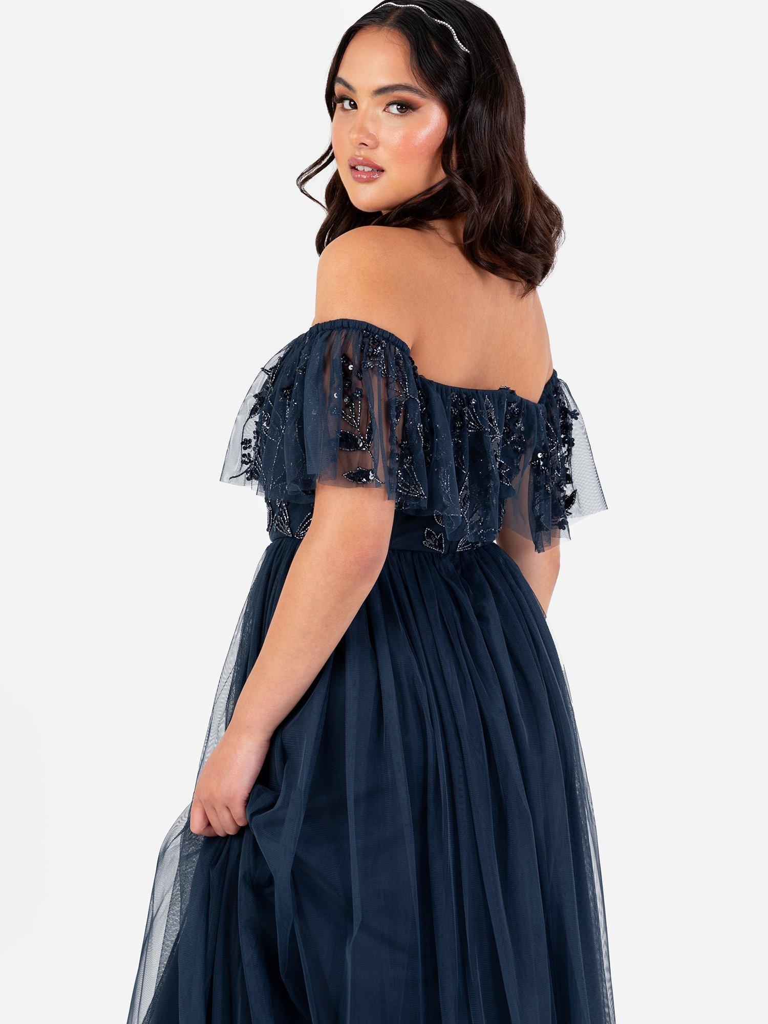 Product image 4 of 4, which shows Maya Deluxe Floral Embellished Bardot Maxi Dress, Navy, 6