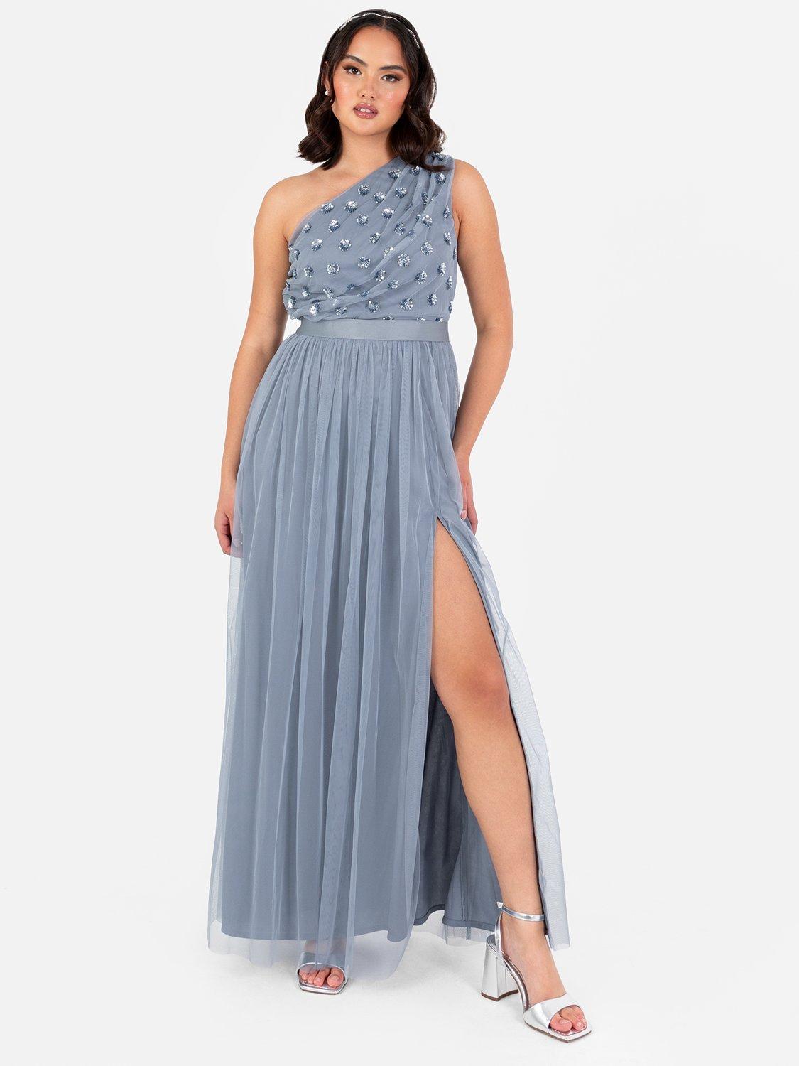 Product image 1 of 4, which shows Maya Deluxe Embellished Asymmetric Sash Belt Maxi Dress, Dusty Blue, 6