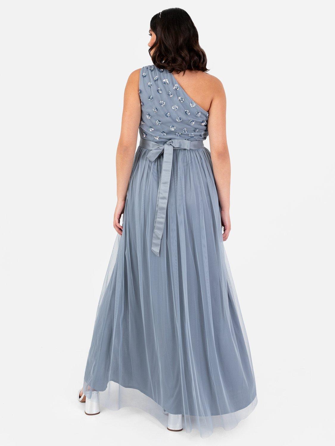 Product image 3 of 4, which shows Maya Deluxe Embellished Asymmetric Sash Belt Maxi Dress, Dusty Blue, 6