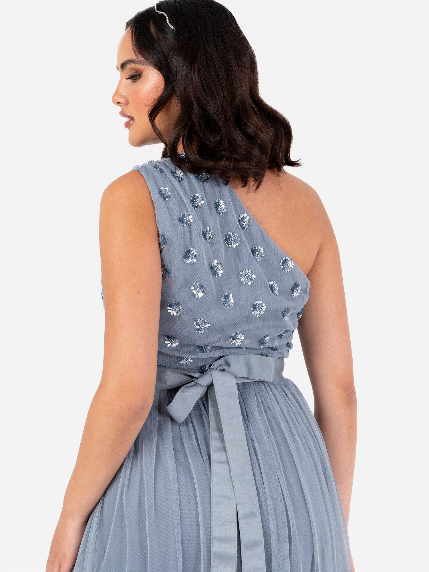 Product image 4 of 4, which shows Maya Deluxe Embellished Asymmetric Sash Belt Maxi Dress, Dusty Blue, 6