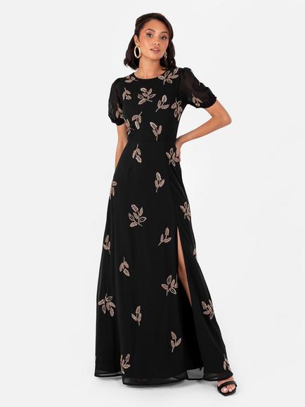 Maya Deluxe Beaded Floral Maxi Dress, Black