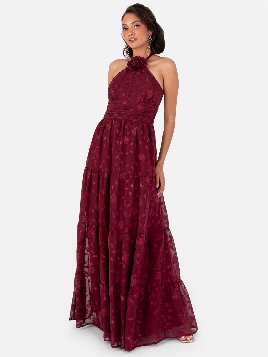 Product image 1 of 4, which shows Maya Deluxe Halterneck Corsage Maxi Dress, Berry, 6