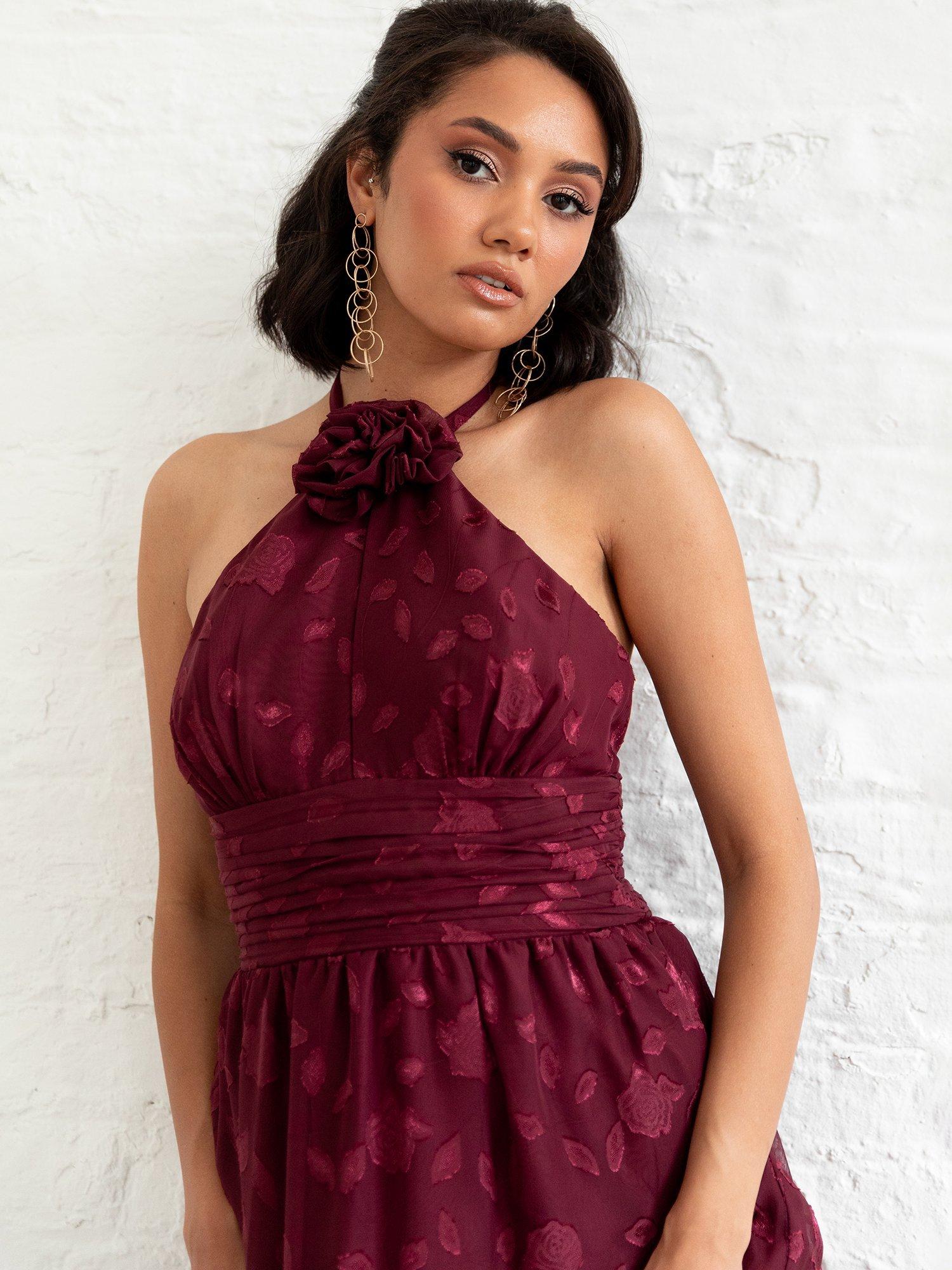 Product image 3 of 4, which shows Maya Deluxe Halterneck Corsage Maxi Dress, Berry, 6