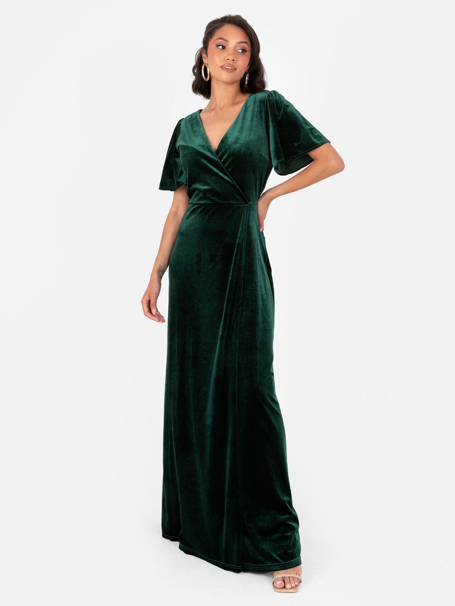 Product image 1 of 4, which shows Maya Deluxe Velvet Angel Sleeve Maxi Dress, Emerald Green, 6