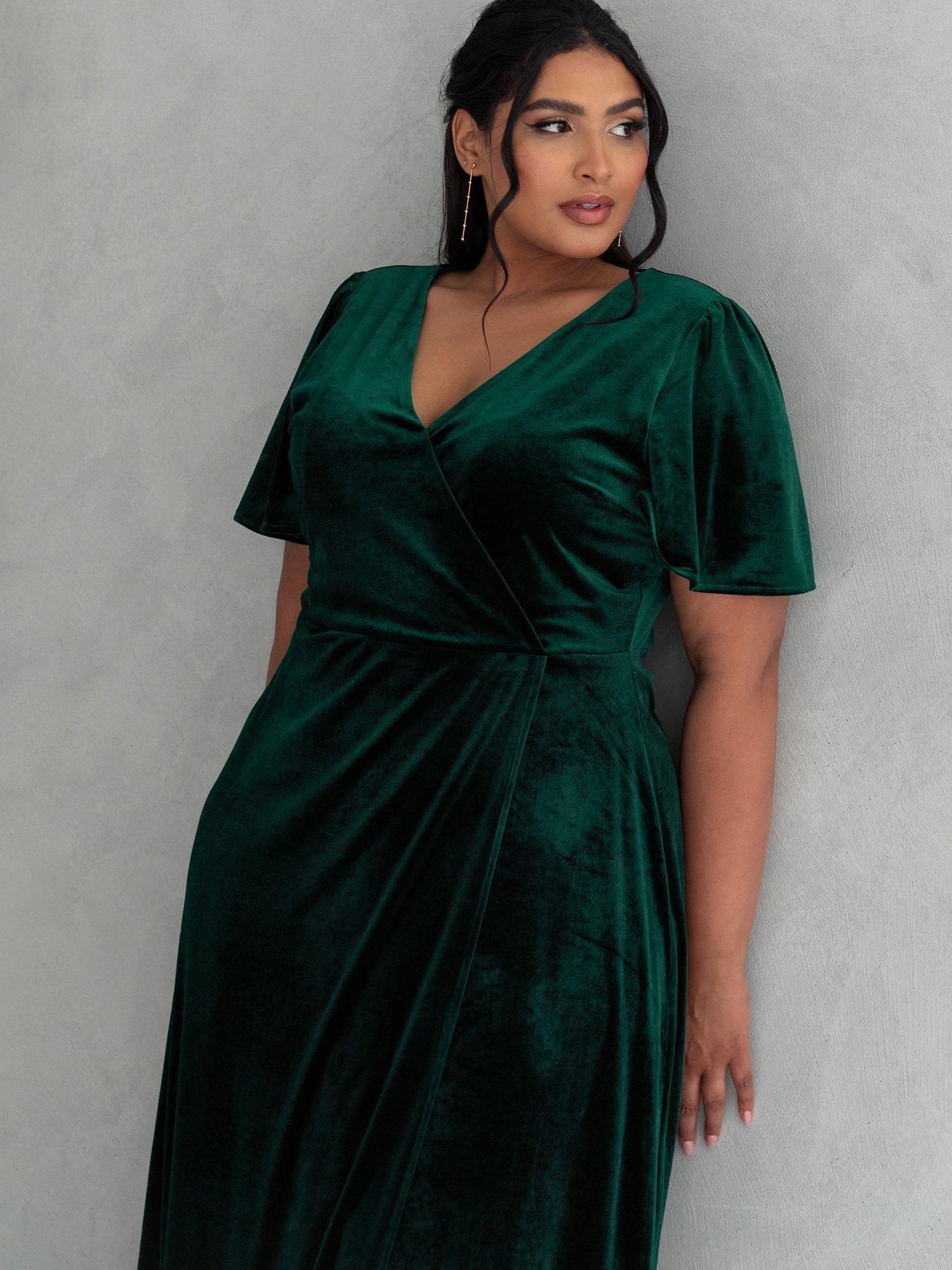 Product image 2 of 4, which shows Maya Deluxe Velvet Angel Sleeve Maxi Dress, Emerald Green, 6