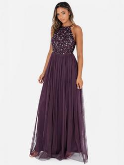 Maya Deluxe Halterneck Embellished Sequin Maxi Dress, Berry
