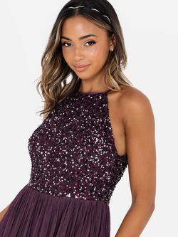 Maya Deluxe Halterneck Embellished Sequin Maxi Dress - view 2, Berry