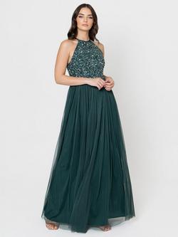 Maya Deluxe Halterneck Embellished Sequin Maxi Dress, Emerald