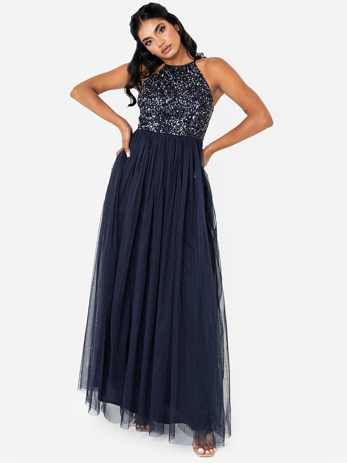 Product image 1 of 4, which shows Maya Deluxe Halterneck Embellished Sequin Maxi Dress, Navy, 6