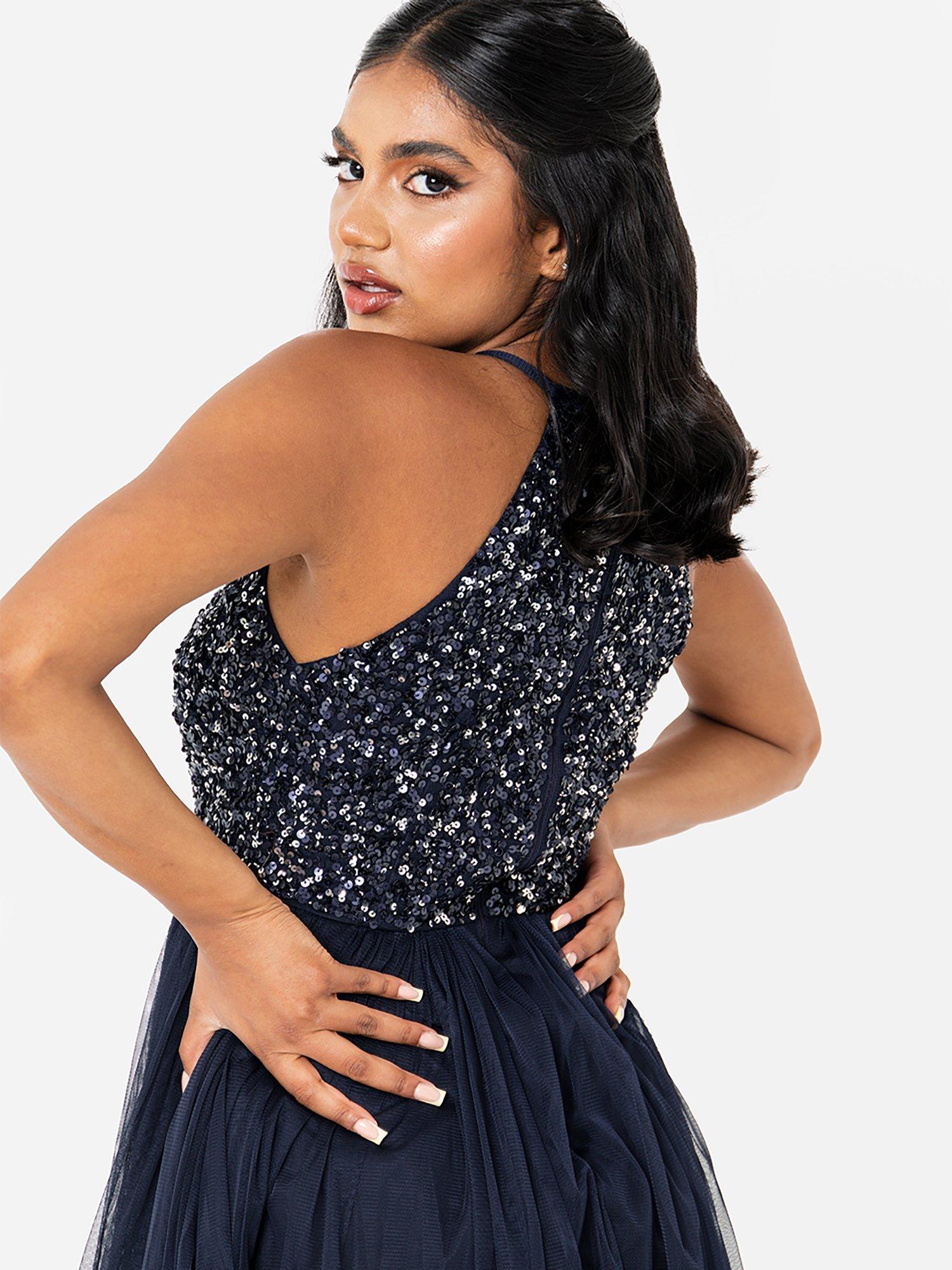 Product image 4 of 4, which shows Maya Deluxe Halterneck Embellished Sequin Maxi Dress, Navy, 6