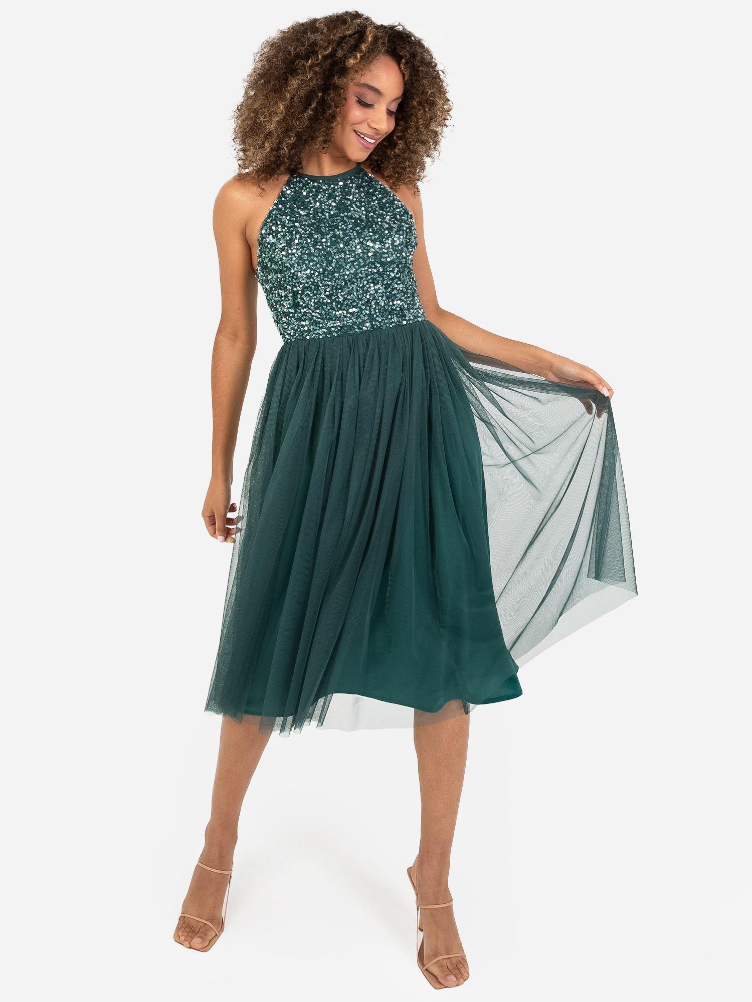Product image 1 of 4, which shows Maya Deluxe Halterneck Embellished Sequin Midi Dress, Emerald, 6