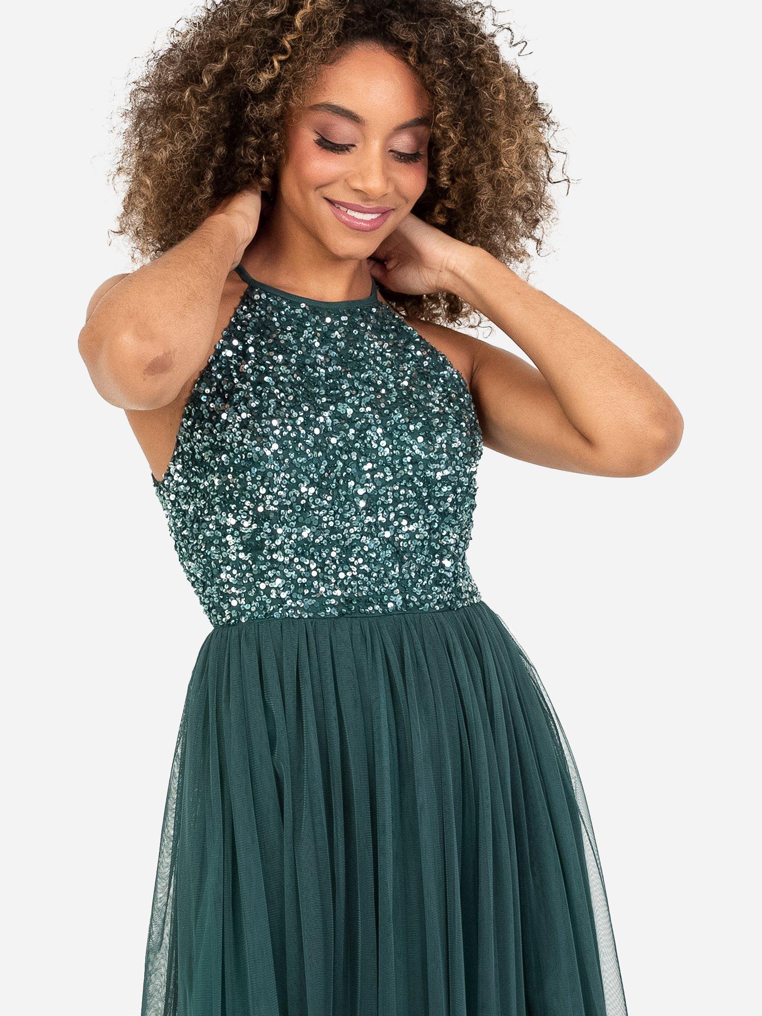 Product image 2 of 4, which shows Maya Deluxe Halterneck Embellished Sequin Midi Dress, Emerald, 6
