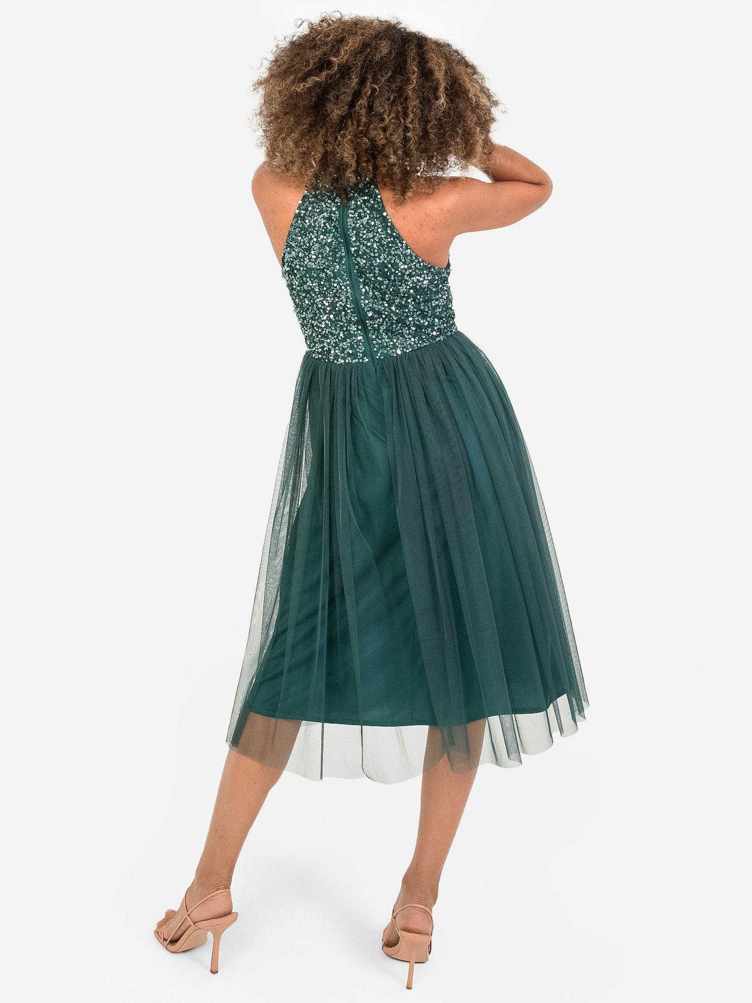 Product image 3 of 4, which shows Maya Deluxe Halterneck Embellished Sequin Midi Dress, Emerald, 6