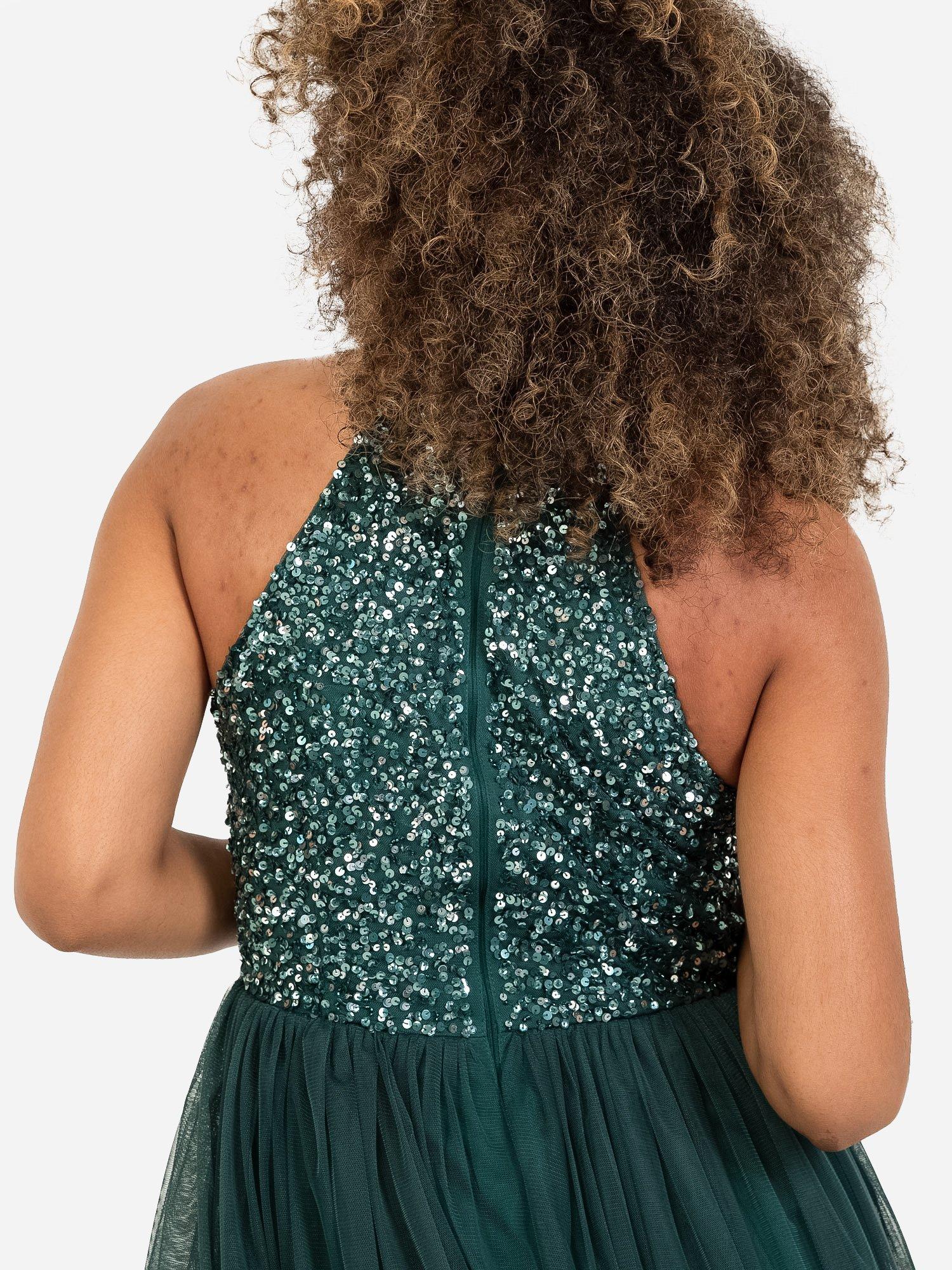 Product image 4 of 4, which shows Maya Deluxe Halterneck Embellished Sequin Midi Dress, Emerald, 6