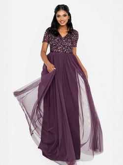 Maya Deluxe V-Neck Embellished Sequin Maxi Dress, Berry
