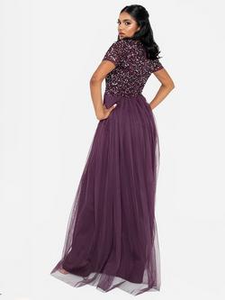 Maya Deluxe V-Neck Embellished Sequin Maxi Dress - view 2, Berry