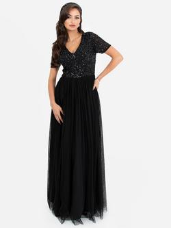 Maya Deluxe V-Neck Embellished Sequin Maxi Dress, Black