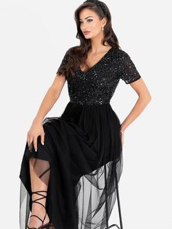 Maya Deluxe V-Neck Embellished Sequin Maxi Dress - view 2, Black