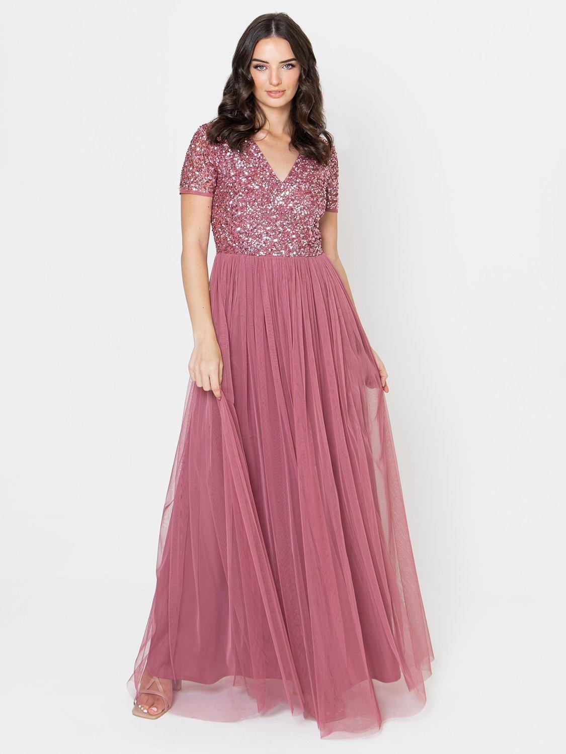 Product image 1 of 4, which shows Maya Deluxe V-Neck Embellished Sequin Maxi Dress, Desert Rose, 6