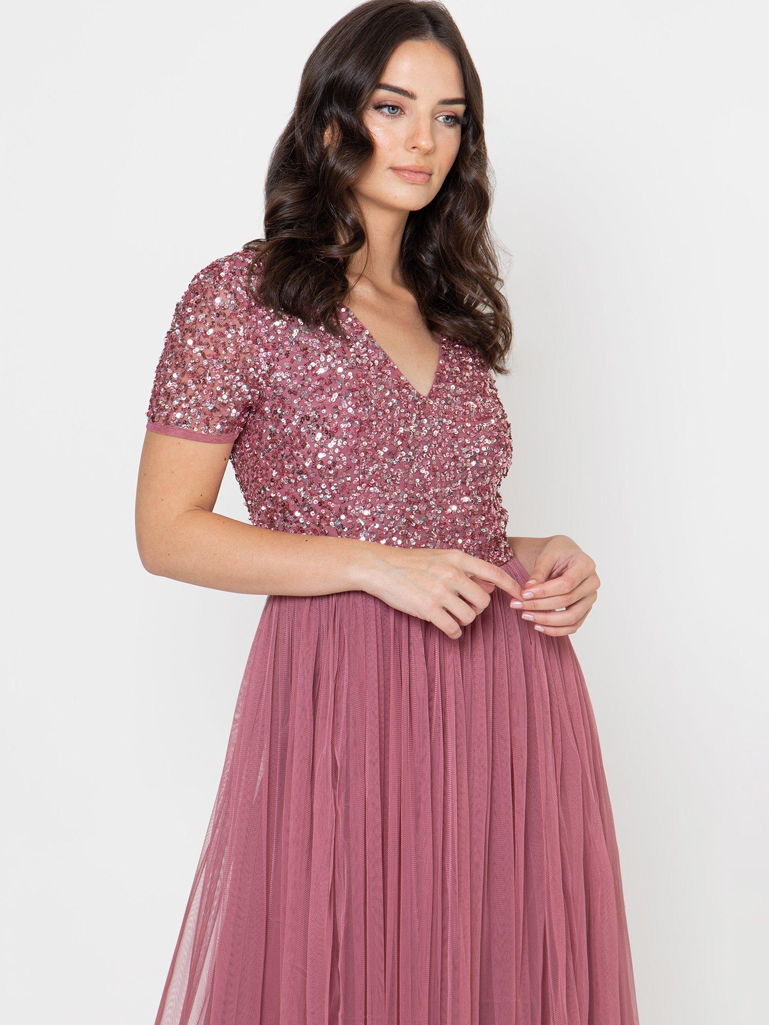 Product image 2 of 4, which shows Maya Deluxe V-Neck Embellished Sequin Maxi Dress, Desert Rose, 6
