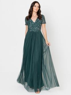 Maya Deluxe V-Neck Embellished Sequin Maxi Dress, Emerald Green