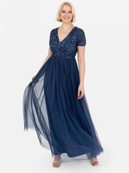 Maya Deluxe V-Neck Embellished Sequin Maxi Dress, French Navy