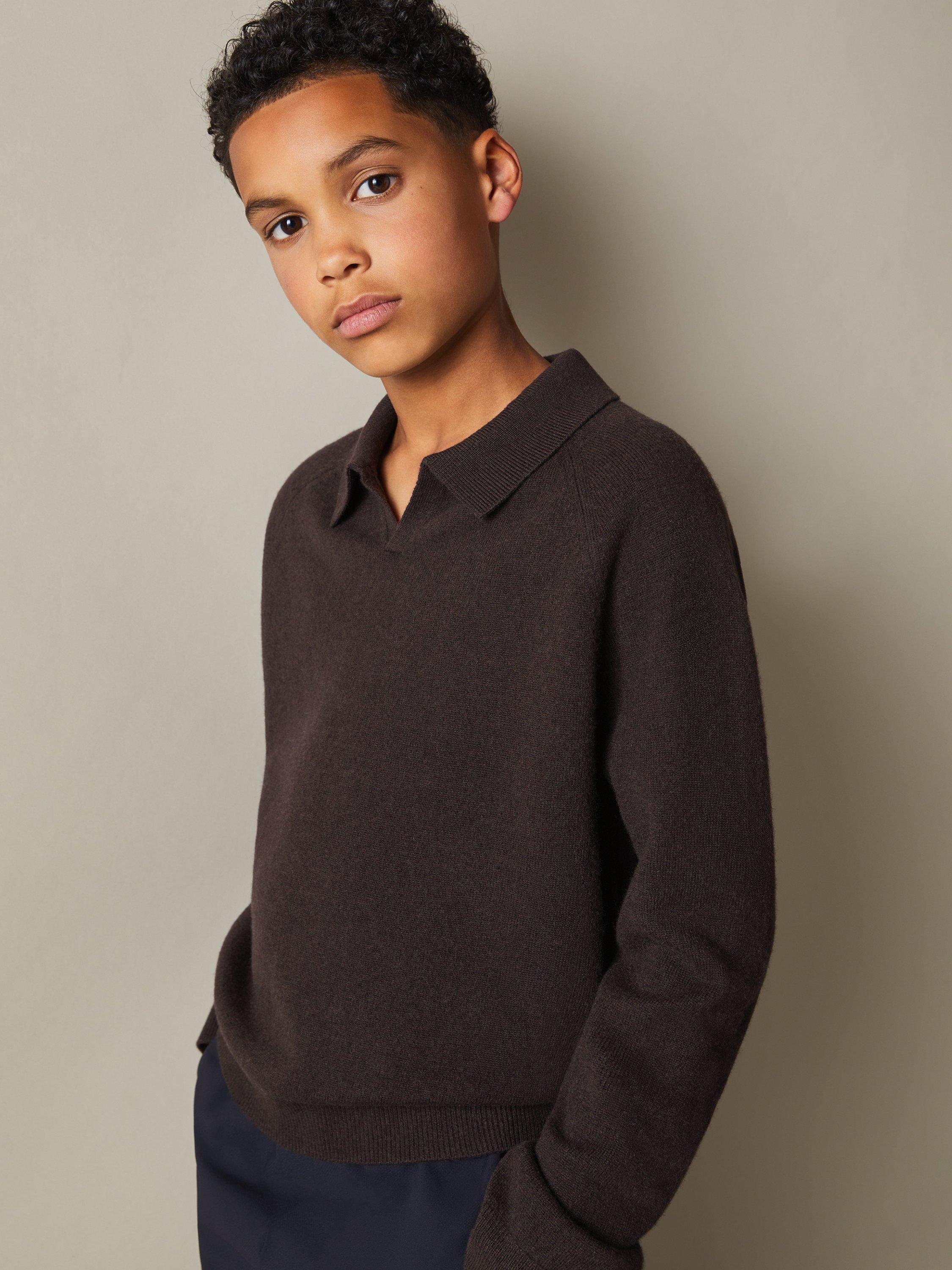 Reiss Kids Grange Wool Cashmere Long Sleeve Polo Jumper Chocolate Brown