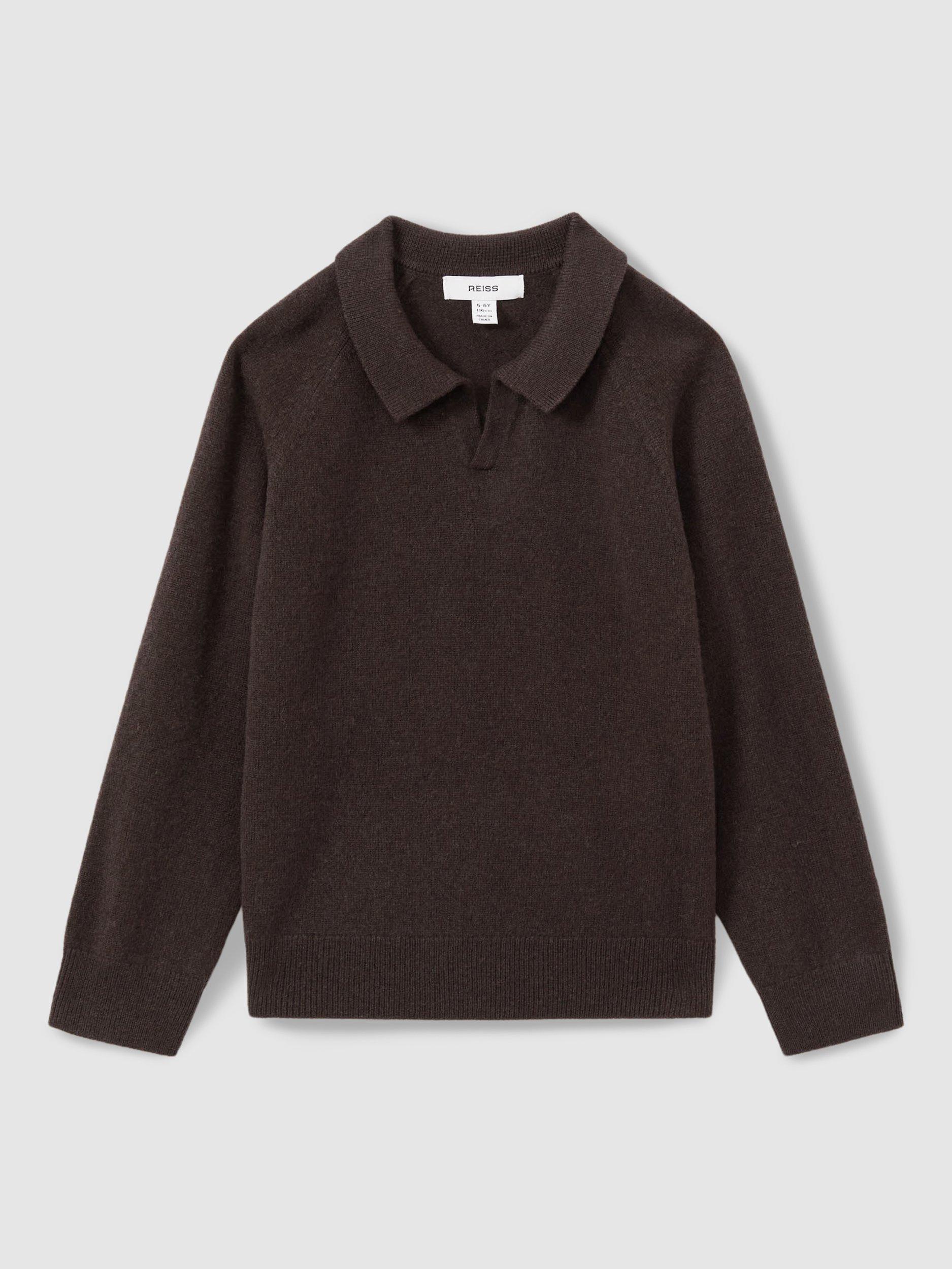 Product image 2 of 4, which shows Reiss Kids' Grange Wool Cashmere Long Sleeve Polo Jumper, Chocolate Brown, 13-14 years