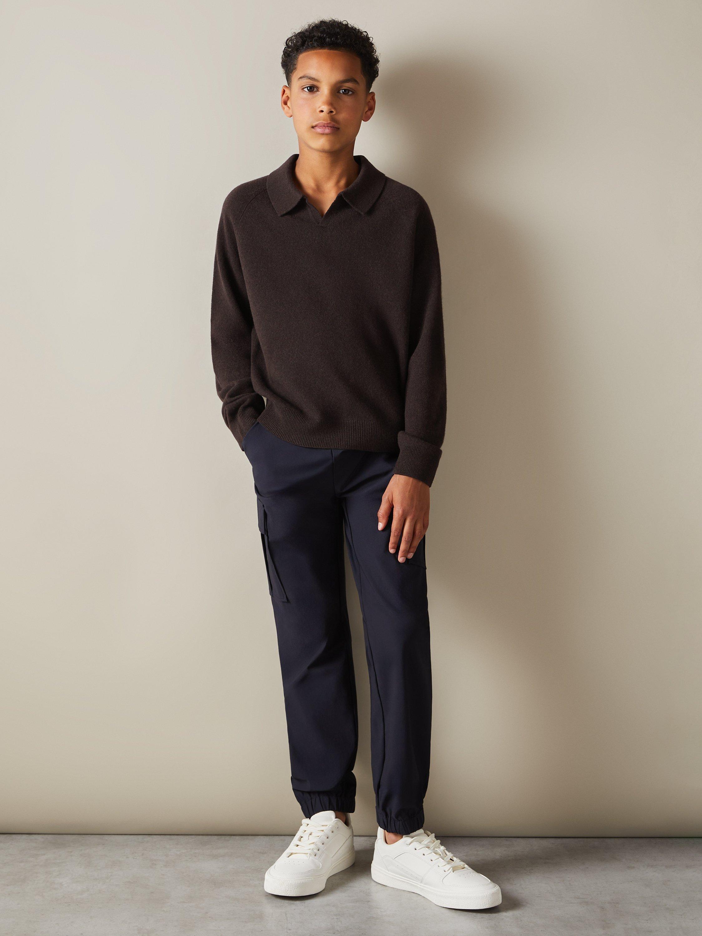 Product image 3 of 4, which shows Reiss Kids' Grange Wool Cashmere Long Sleeve Polo Jumper, Chocolate Brown, 13-14 years