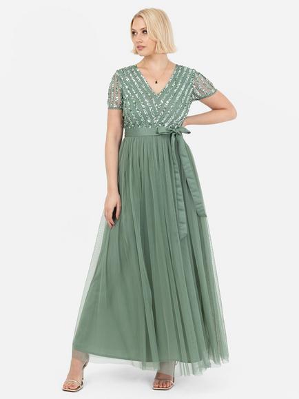 Maya Deluxe Stripe Embellished Sash Belt Maxi Dress, Deep Mint