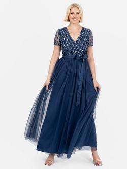 Maya Deluxe Stripe Embellished Sash Belt Maxi Dress, French Navy