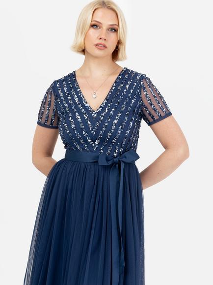 Maya Deluxe Stripe Embellished Sash Belt Maxi Dress - view 2, French Navy