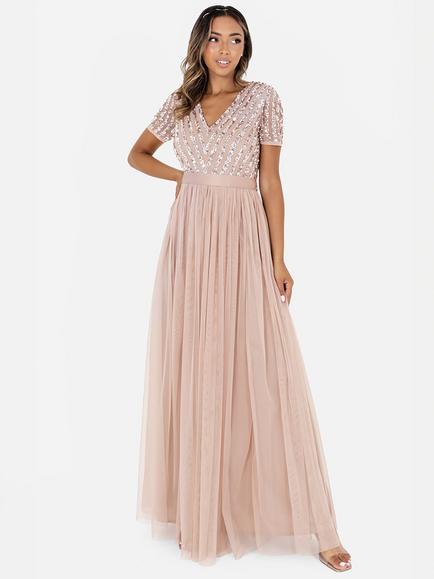 Maya Deluxe Stripe Embellished Sash Belt Maxi Dress, Taupe Blush
