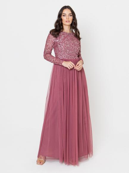 Maya Deluxe Embellished Sequin Maxi Dress, Desert Rose