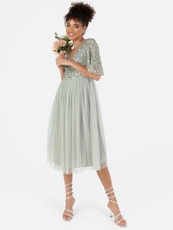 Maya Deluxe Flutter Sleeve Embellished Midi Dress, Green Lily