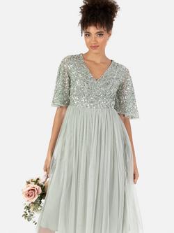Maya Deluxe Flutter Sleeve Embellished Midi Dress - view 2, Green Lily