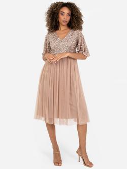 Maya Deluxe Flutter Sleeve Embellished Midi Dress, Taupe Blush